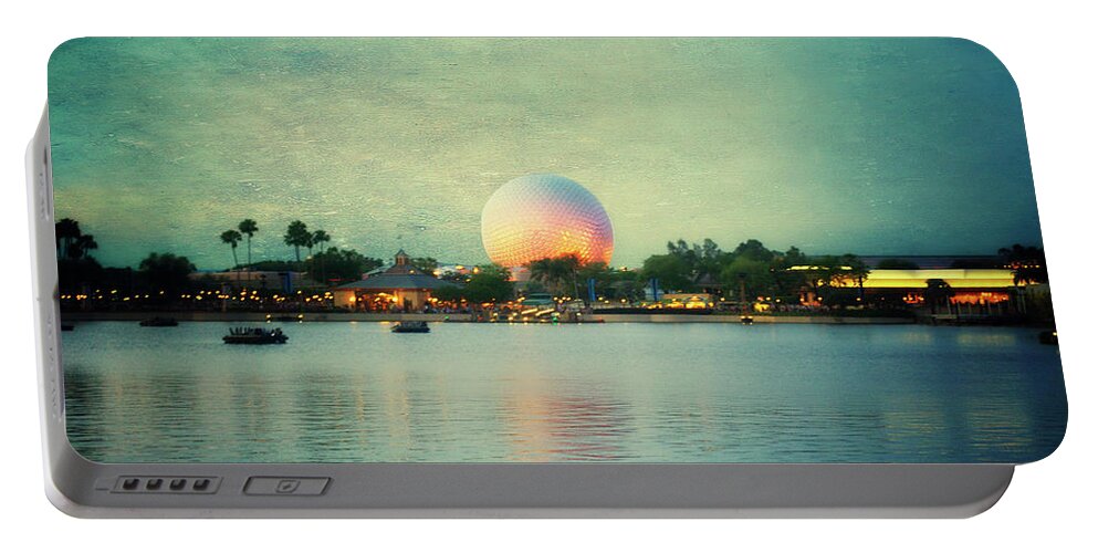 Castle Portable Battery Charger featuring the photograph World Showcase Lagoon Disney World During Sundown Textured Sky MP by Thomas Woolworth