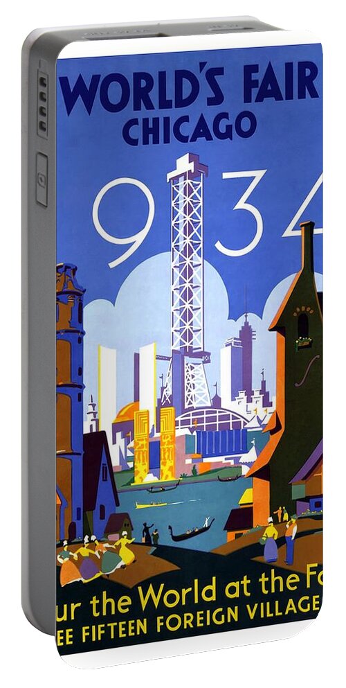 Chicago Portable Battery Charger featuring the mixed media World's Fair - Chicago - 1934 Tour the World at the Fair - Retro travel Poster - Vintage Poster by Studio Grafiikka