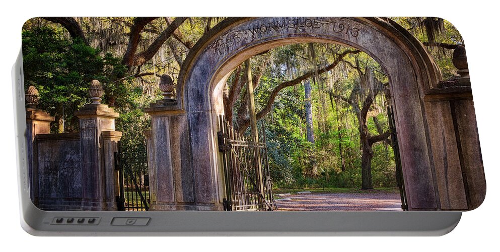 Savannah Portable Battery Charger featuring the photograph Wormsloe Plantation Gate by Joan Carroll