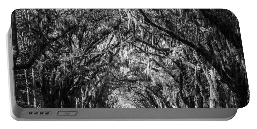Savannah Portable Battery Charger featuring the photograph Wormsloe Plantation Oaks BW by Joan Carroll