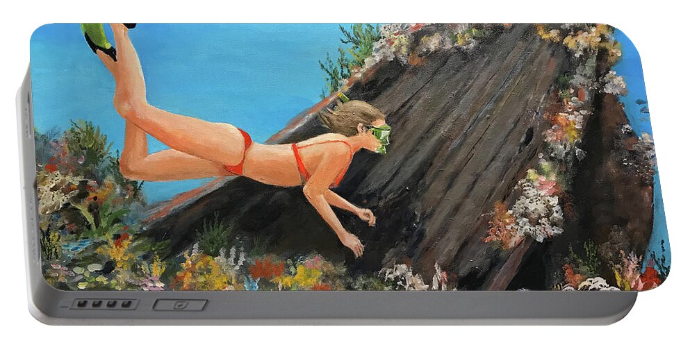 Snorkling Portable Battery Charger featuring the painting Wreck Diving by Alan Lakin