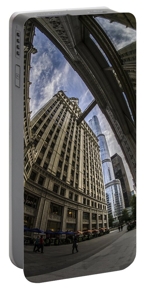 Trump Tower Portable Battery Charger featuring the photograph Wrigley and Trump a fisheye view by Sven Brogren