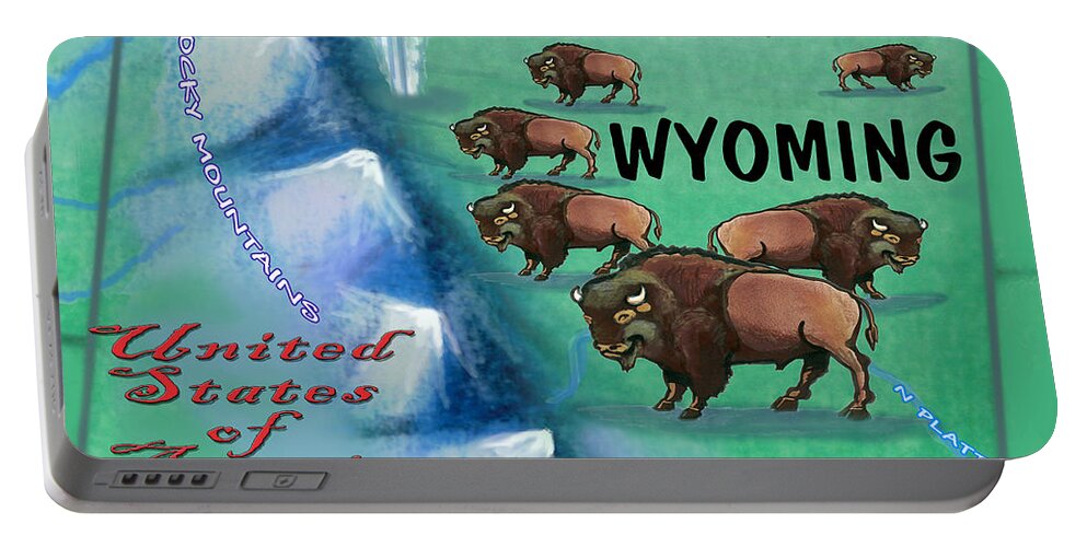 Wyoming Portable Battery Charger featuring the digital art Wyoming Fun MAp by Kevin Middleton