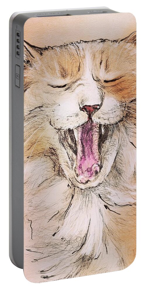 Cat Portable Battery Charger featuring the digital art Yawning Ginger Cat by AnneMarie Welsh