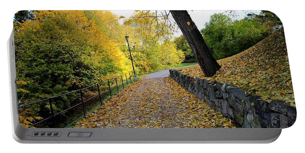 Park Trees Leafs Tree Walkway Yellow Orange Burnt Sky White Black Brown Nature Grey Beige Colorful Beautiful Beauty Pretty Fabulous Good Bright Daylight Peaceful Orange Red Norway Scandinavia Europe Outdoors Nature Landscape View Scandinavian European Frognerparken Oslo Norge Hiking City Town Stonework Rock Rocks Plant Grass Vegetation Plants Portable Battery Charger featuring the digital art Yellow Autumn by Jeanette Rode Dybdahl