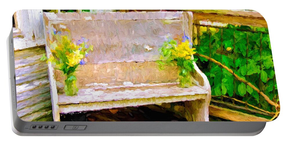 Porch Portable Battery Charger featuring the photograph Yellow Flowers on Porch Bench by Ginger Wakem
