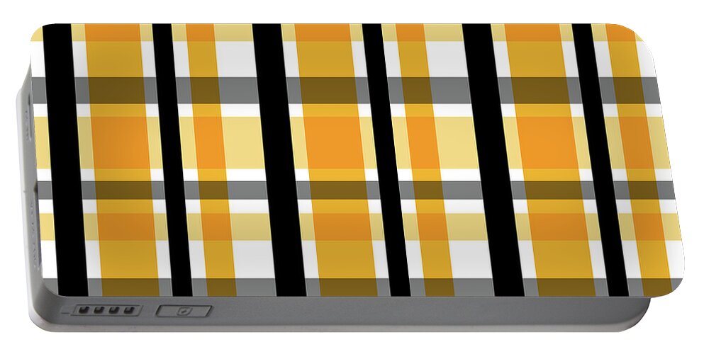 Black And Gold Plaid Portable Battery Charger featuring the photograph Yellow Gold and Black Plaid Striped Pattern Vrsn 2 by Shelley Neff