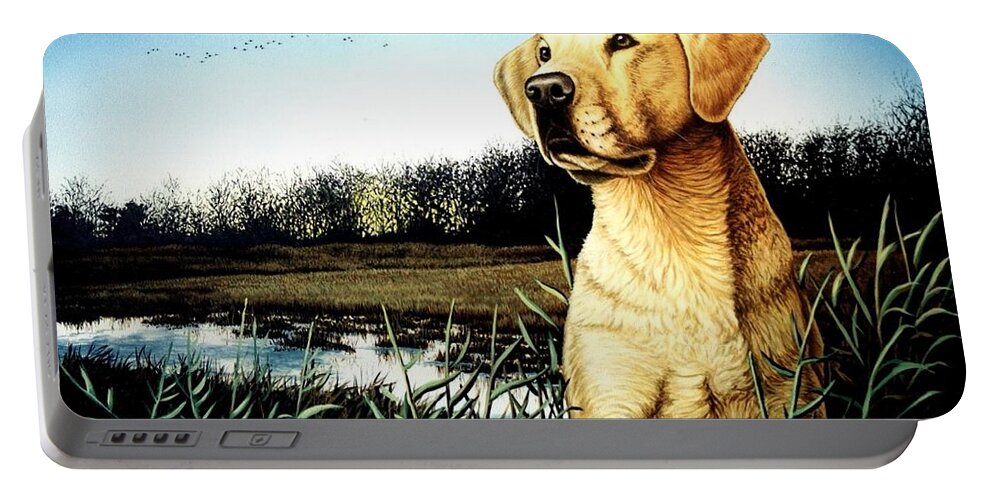Yellow Lab Portable Battery Charger featuring the painting Yellow Lab Portrait by Anthony J Padgett