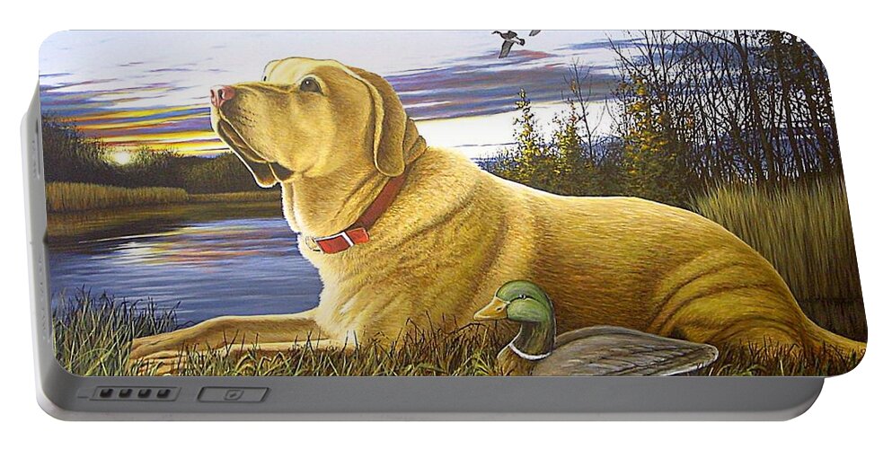 Yellow Lab Portable Battery Charger featuring the painting Yellow Lab with Decoy by Anthony J Padgett