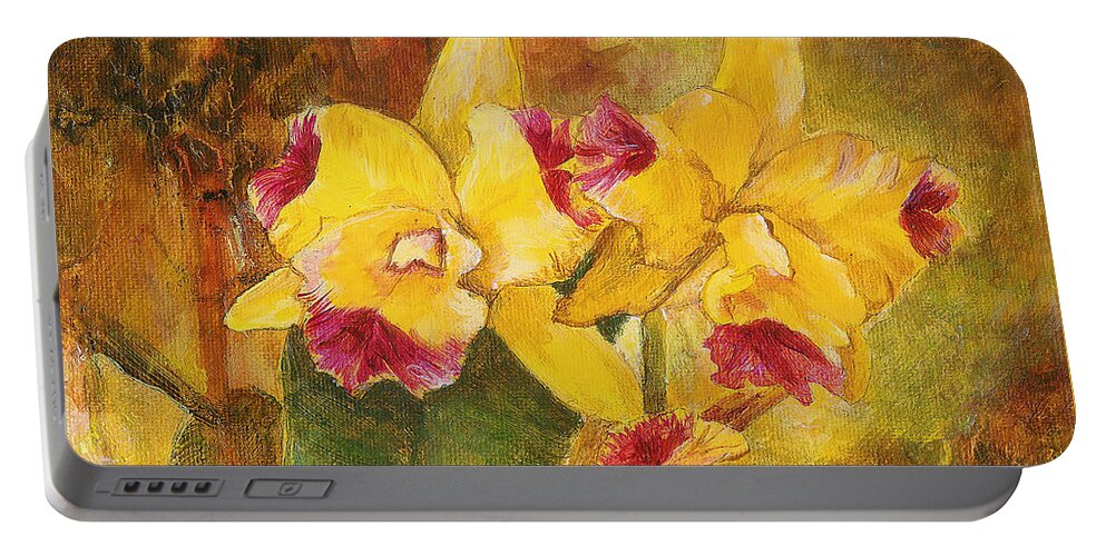 Impressionistic Portable Battery Charger featuring the painting Yellow Orchids Acrylic by Janis Lee Colon