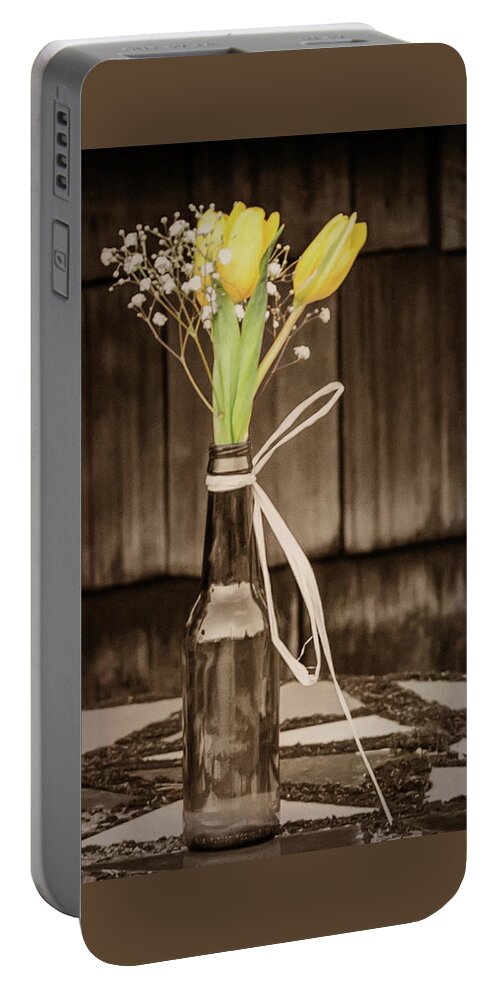 Terry D Photography Portable Battery Charger featuring the photograph Yellow Tulips in Glass Bottle Sepia by Terry DeLuco