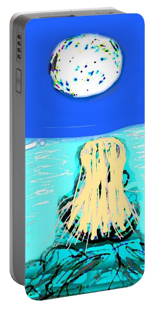 Yoga Portable Battery Charger featuring the digital art Yoga by the Sea Under the Moon by Kathy Barney