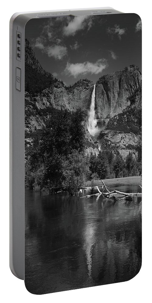 Yosemite Falls From Swinging Bridge Portable Battery Charger featuring the photograph Yosemite Falls from Swinging Bridge in Black and White by Raymond Salani III