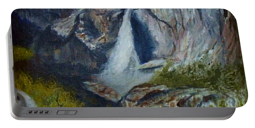 Waterfall Portable Battery Charger featuring the painting Yosemite Waterfall by Quwatha Valentine