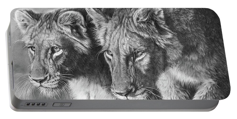 Lion Portable Battery Charger featuring the drawing Young Guns by Peter Williams