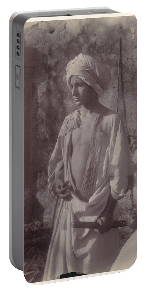 [young Man In White Robe And Head Gear Holding Scabbard Portable Battery Charger featuring the painting Young Man in White Robe and Head Gear Holding Scabbard by MotionAge Designs