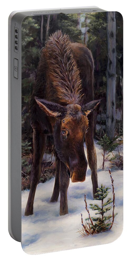 Alaskan Wildlife Portable Battery Charger featuring the painting Young Moose and Snowy Forest Springtime in Alaska Wildlife Home Decor Painting by K Whitworth