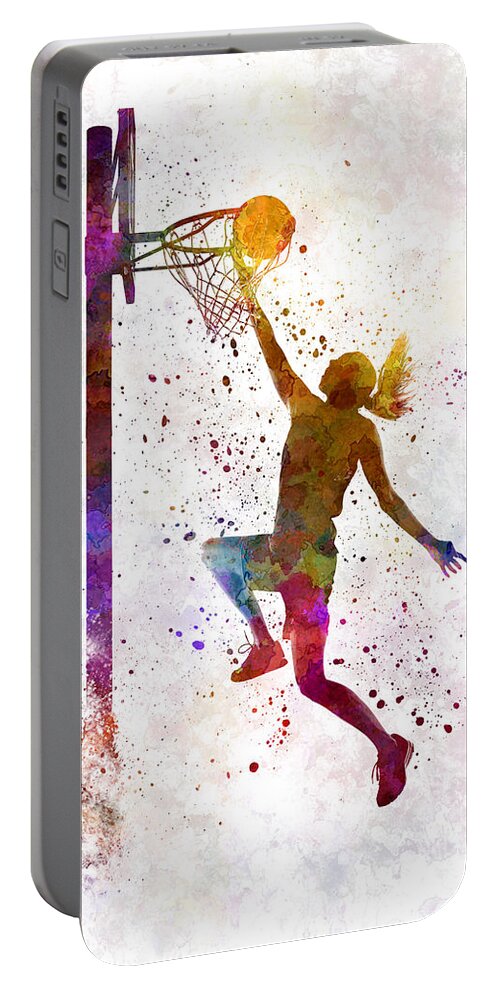 Young Woman Player In Watercolor Portable Battery Charger featuring the painting Young woman basketball player 04 in watercolor by Pablo Romero