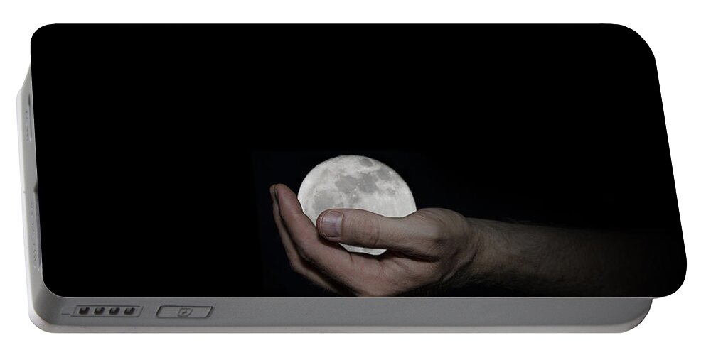 Whole Portable Battery Charger featuring the digital art You've Got the Whole Moon in Your Hand by Pelo Blanco Photo