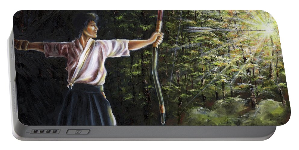 Japanese Archery Portable Battery Charger featuring the painting Zanshin by Hiroko Sakai