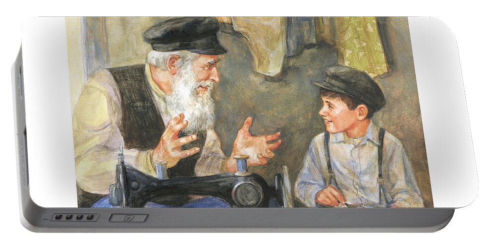 Zayde Portable Battery Charger featuring the painting Zayde the Storyteller by Laurie McGaw