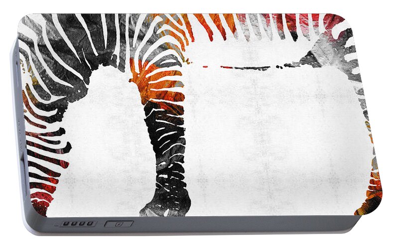Zebra Portable Battery Charger featuring the painting Zebra Black White And Red Orange by Sharon Cummings by Sharon Cummings