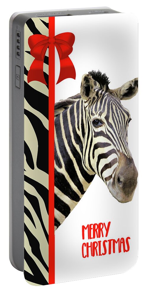 Card Portable Battery Charger featuring the mixed media Zebra Christmas Card by Rosalie Scanlon
