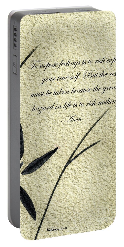 Abstract Portable Battery Charger featuring the mixed media Zen Sumi 4m Antique Motivational Flower Ink on Watercolor Paper by Ricardos by Ricardos Creations