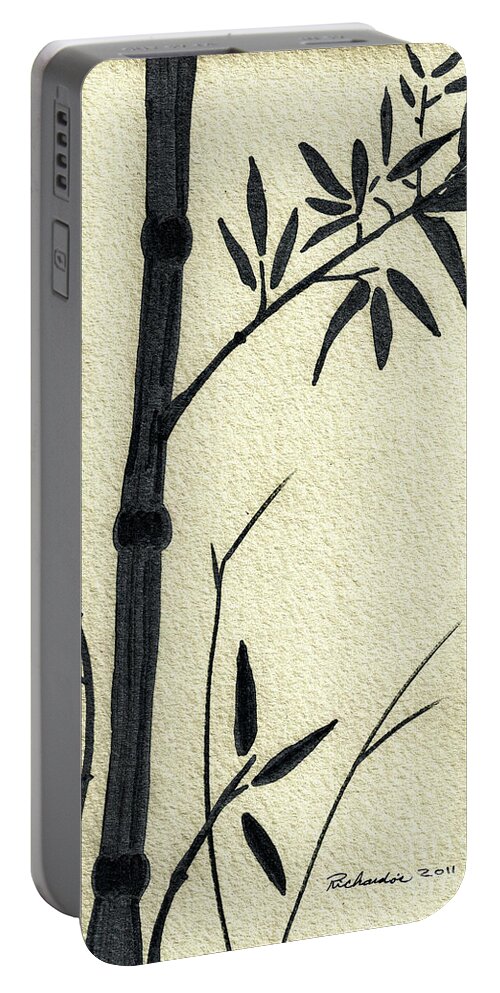 Abstract Portable Battery Charger featuring the mixed media Zen Sumi Antique Bamboo 1a Black Ink on Fine Art Watercolor Paper by Ricardos by Ricardos Creations