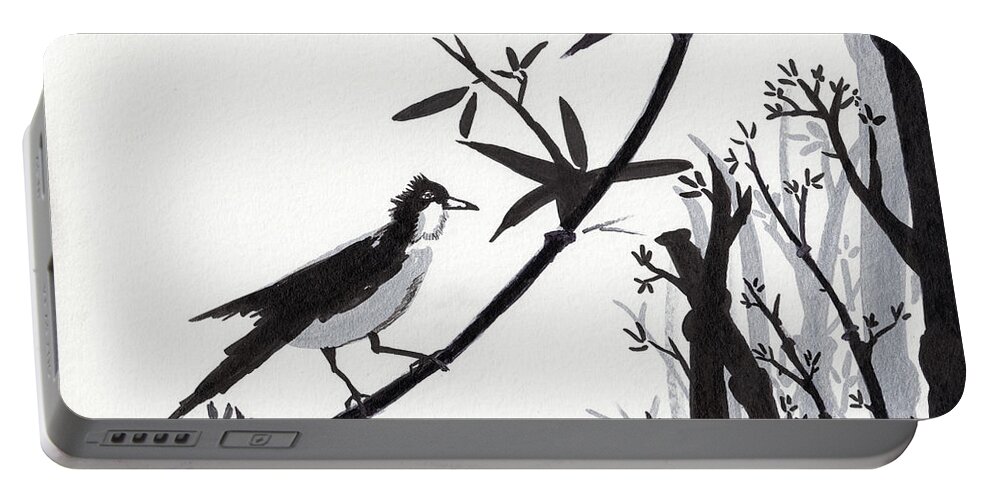 Abstract Portable Battery Charger featuring the drawing Zen Sumi Bird 1a Black Ink on Watercolor Paper by Ricardos by Ricardos Creations