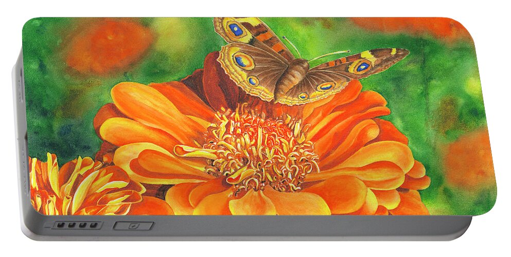 Zinnia With Butterfly Portable Battery Charger featuring the painting Zinnia Runway by Lori Taylor