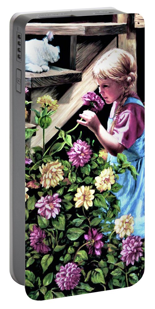 Zinnias Portable Battery Charger featuring the painting Zinnias and Elizabeth by Marie Witte