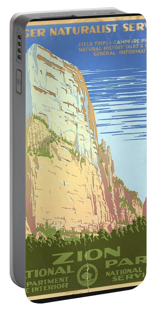 Zion Portable Battery Charger featuring the mixed media Zion National Park, United States - Ranger Naturalist Service - Retro travel Poster - Vintage Poster by Studio Grafiikka