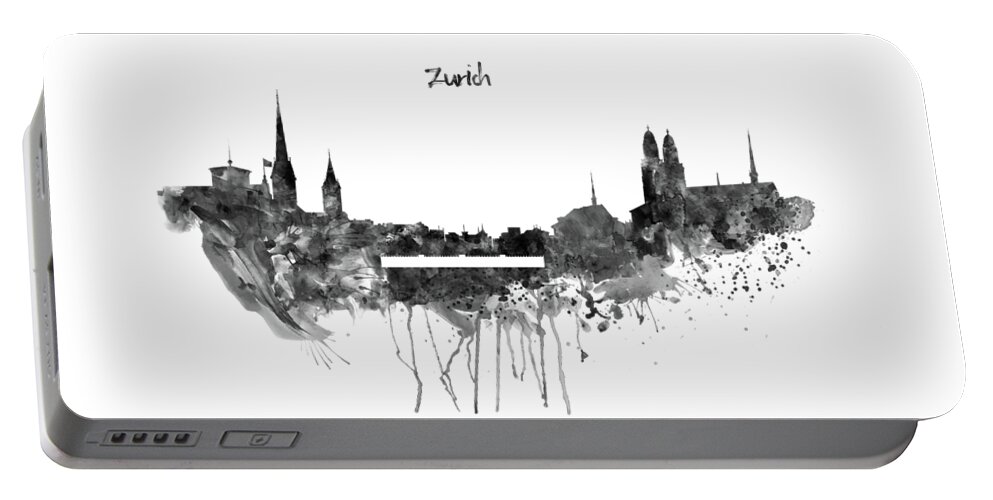 Marian Voicu Portable Battery Charger featuring the painting Zurich Black and White Skyline by Marian Voicu