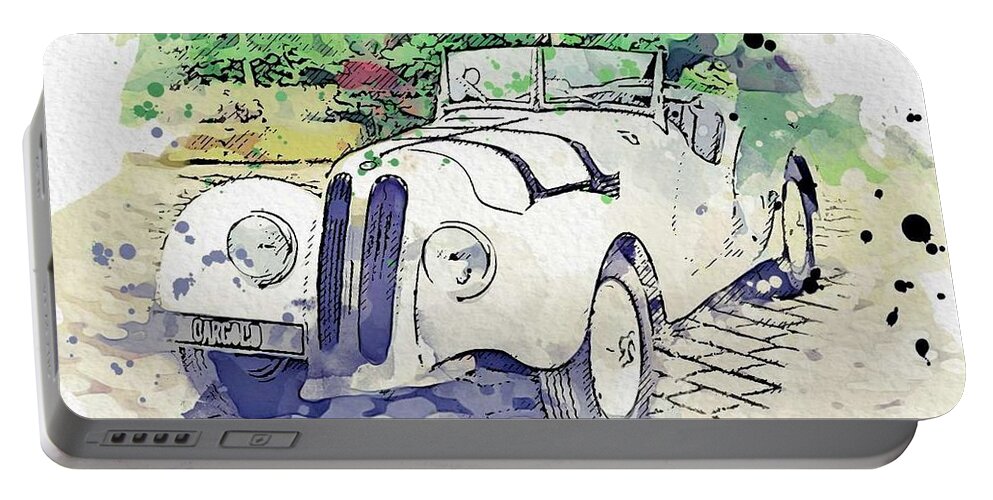 Retro Portable Battery Charger featuring the painting 1937 BMW 328 Roadster 3 watercolor by Ahmet Asar by Celestial Images