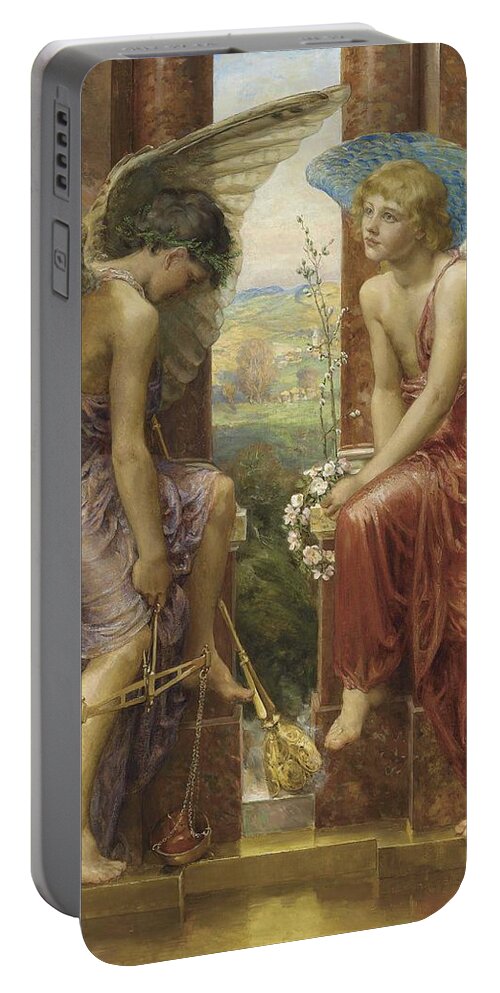 Man Portable Battery Charger featuring the painting Anna Lea Merritt, A.R.E. American, 1844-1930 The Watchers of the Straight Gate #1 by Anna Lea Merritt