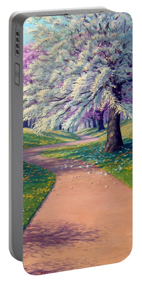 Landscape Portable Battery Charger featuring the painting Apple Blossom Trail by Rick Hansen