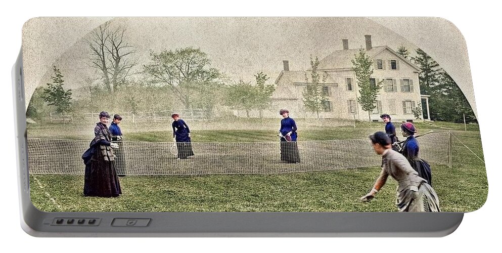 Colorized Portable Battery Charger featuring the painting Badminton, May 15, 1886 by Abbot Academy colorized by Ahmet Asar colorized by Ahmet Asar #1 by Celestial Images
