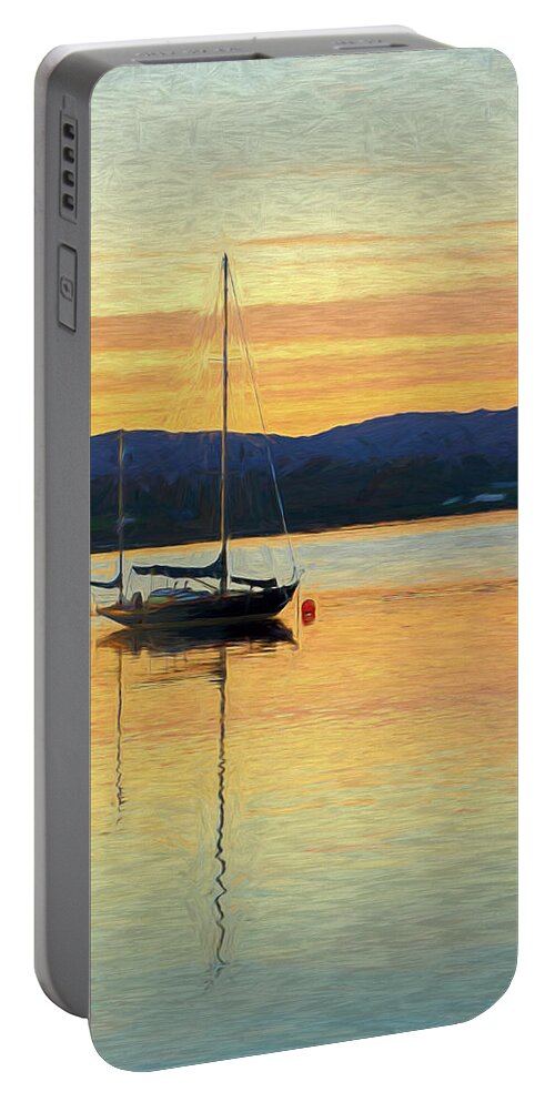 Beautiful Portable Battery Charger featuring the digital art Boat On A Lake at Sunset by Rick Deacon