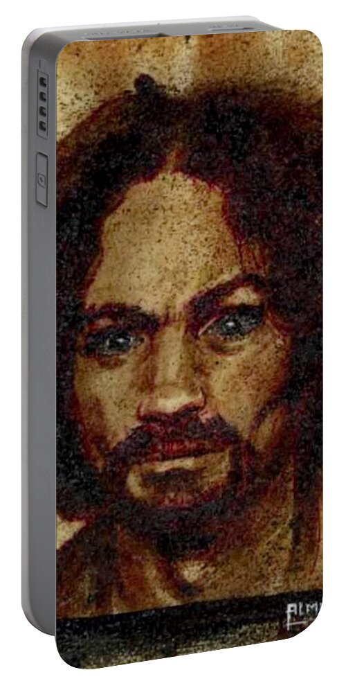 Ryan Almighty Portable Battery Charger featuring the painting CHARLES MANSON port dry blood by Ryan Almighty