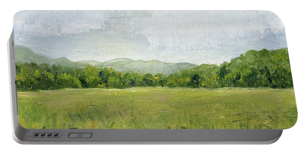 Pastures Portable Battery Charger featuring the painting Fields Meet Mountains by Laurie Rohner