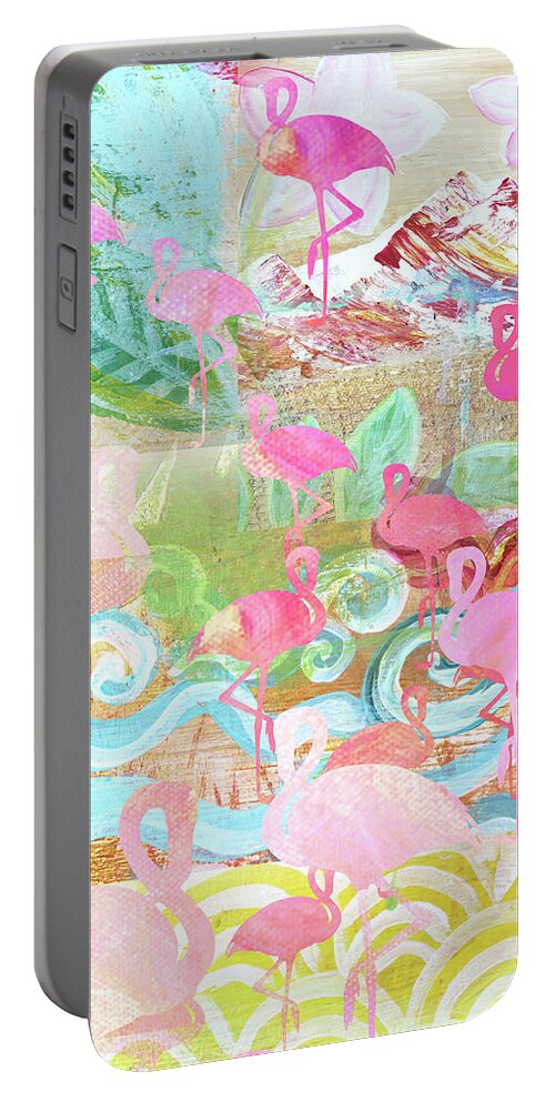 Flamingo Collage Portable Battery Charger featuring the mixed media Flamingo Collage by Claudia Schoen