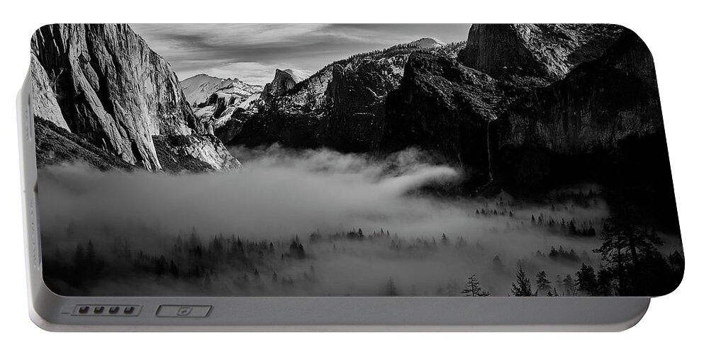 Black And White Portable Battery Charger featuring the photograph Fog in Yosemite #1 by Jon Glaser