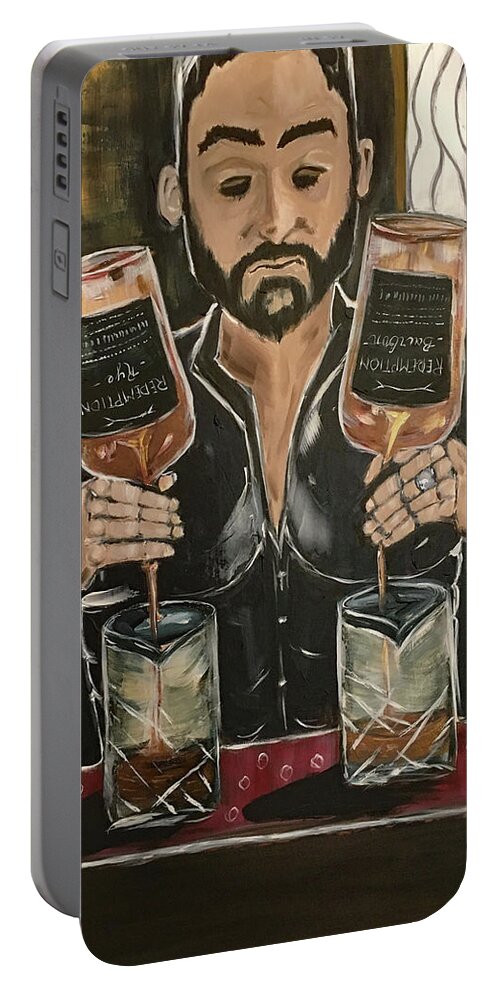 Bartender Portable Battery Charger featuring the painting He's Crafty featuring Mark by Roxy Rich