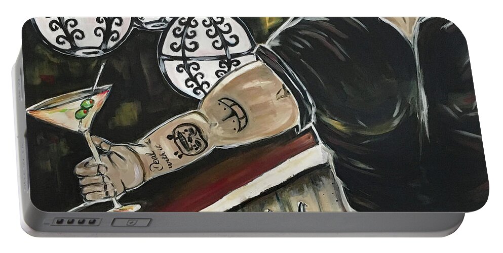 Bartender Portable Battery Charger featuring the painting I'm off at 2 by Roxy Rich