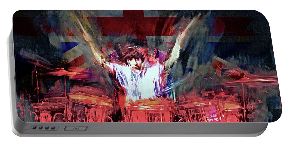 Keith Moon Portable Battery Charger featuring the mixed media Keith Moon #1 by Mal Bray
