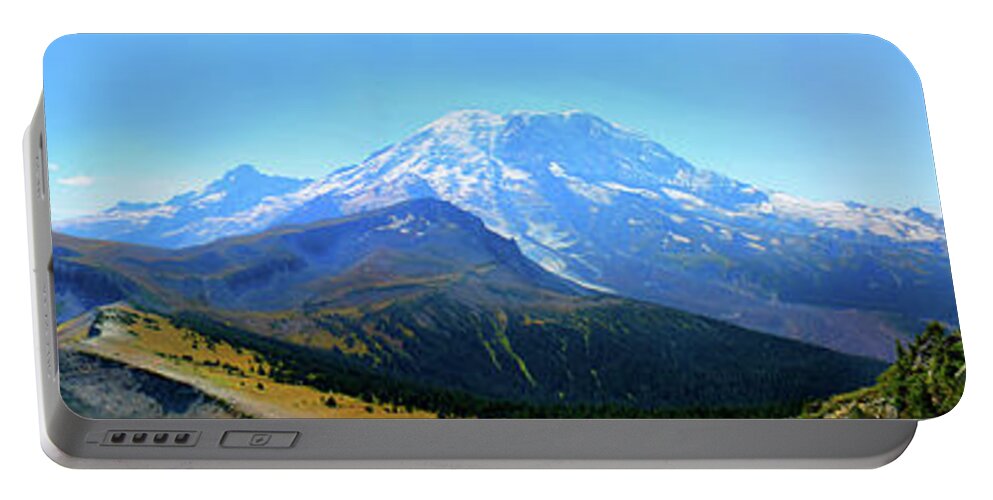 Panorama Mount Rainier Portable Battery Charger featuring the photograph panorama Mount Rainier National Park mountain from Skyscraper Mt on north fall landscape snow USA by Robert C Paulson Jr