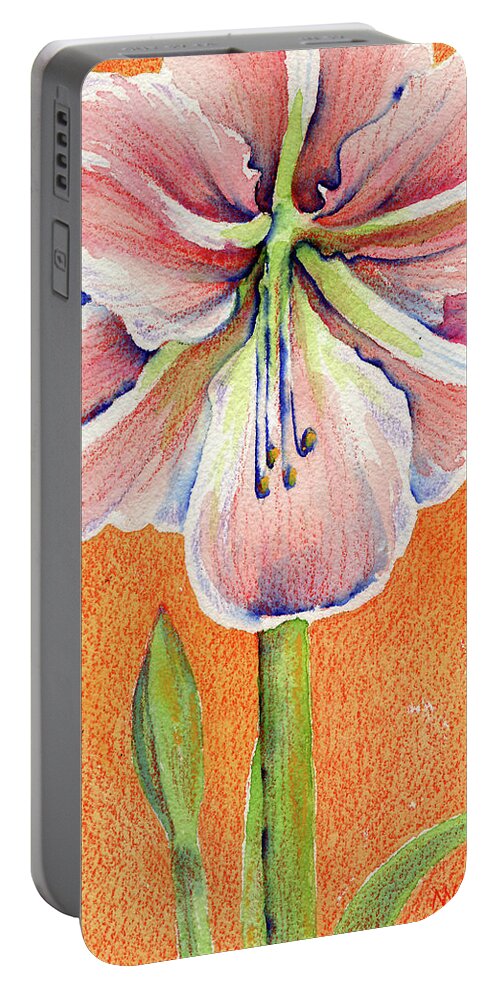 Amaryllis Portable Battery Charger featuring the painting Pink Amaryllis by AnneMarie Welsh