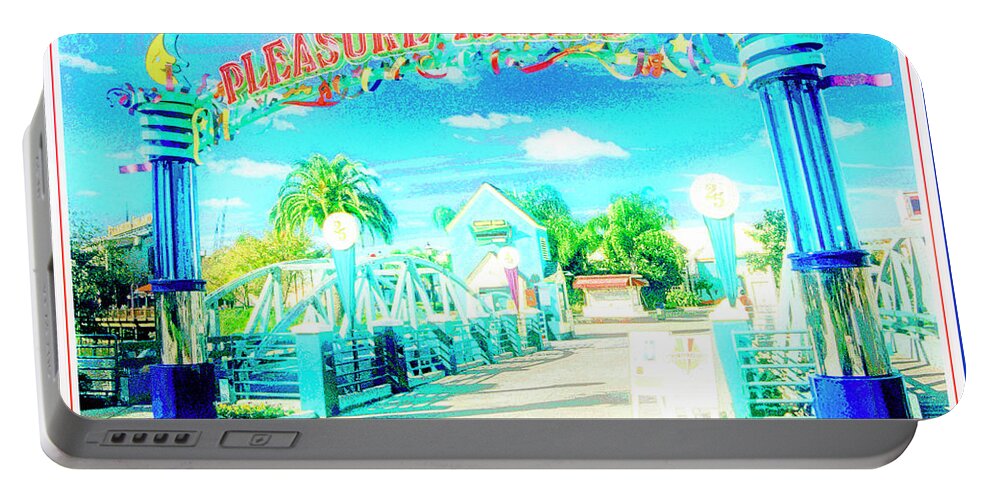 Pleasure Island Portable Battery Charger featuring the digital art Pleasure Island Sign and Walkway Downtown Disney #2 by A Macarthur Gurmankin