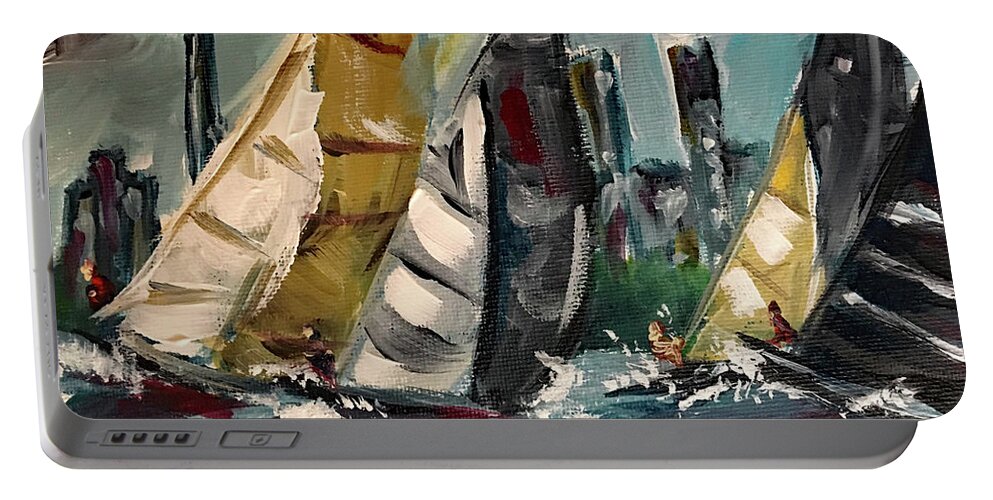 Harbor Portable Battery Charger featuring the painting Racing Day by Roxy Rich